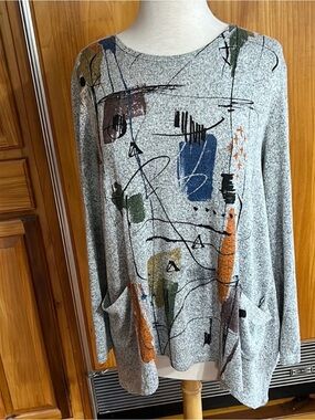 Jess and Jane Gray Abstract Print Tunic Top with Pockets Size L